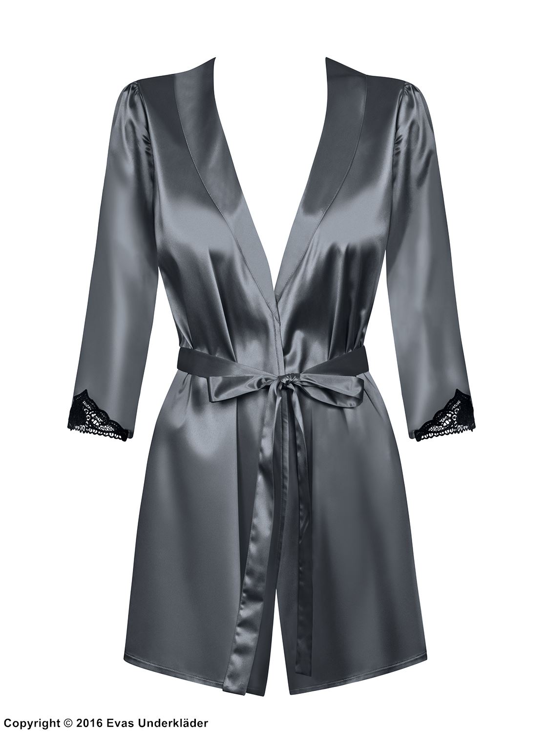 Elegant robe, satin, lace trim, sash